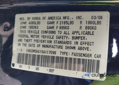 2006 Honda Accord 2.4 Lx z USA, uszkodzony, nr VIN 1HGCM56416A117096